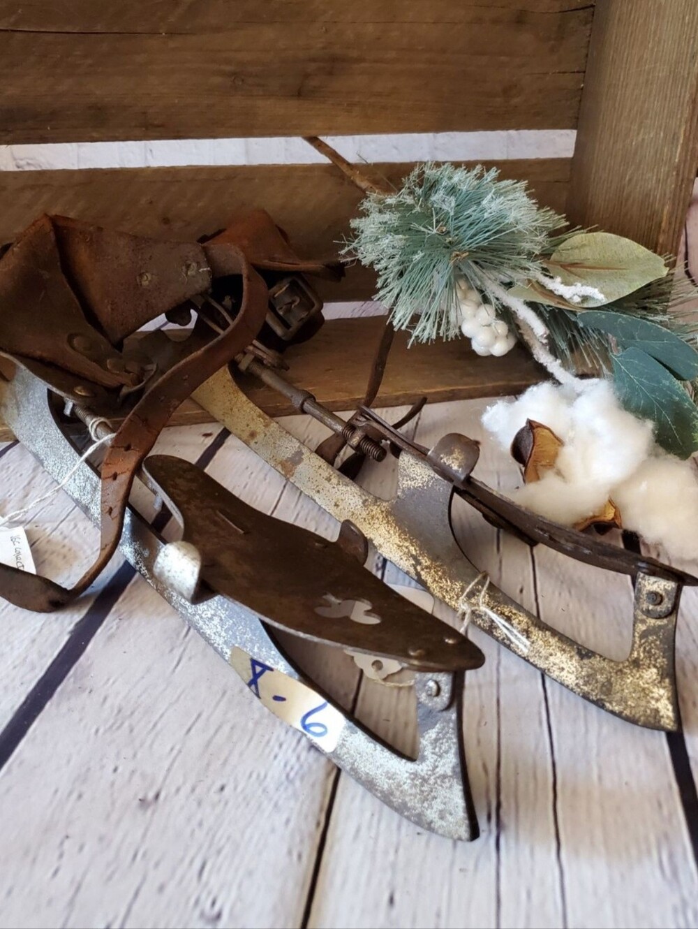Vintage Leather-Strap Ice Skates - Distressed Metal Blades, Brown Straps